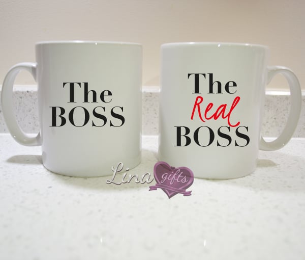 The BOSS, the REAL BOSS funny couples his hers white ceramic MUG SET, cup set