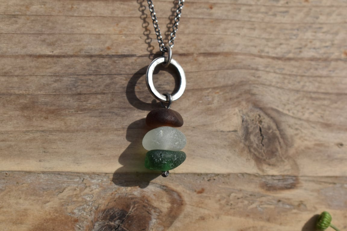 Stacked Sea Glass and Recycled Sterling Silver Necklace, Scottish Sea Glass