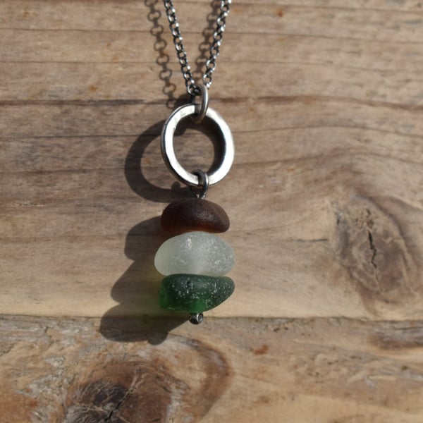 Stacked Sea Glass and Recycled Sterling Silver Necklace, Scottish Sea Glass