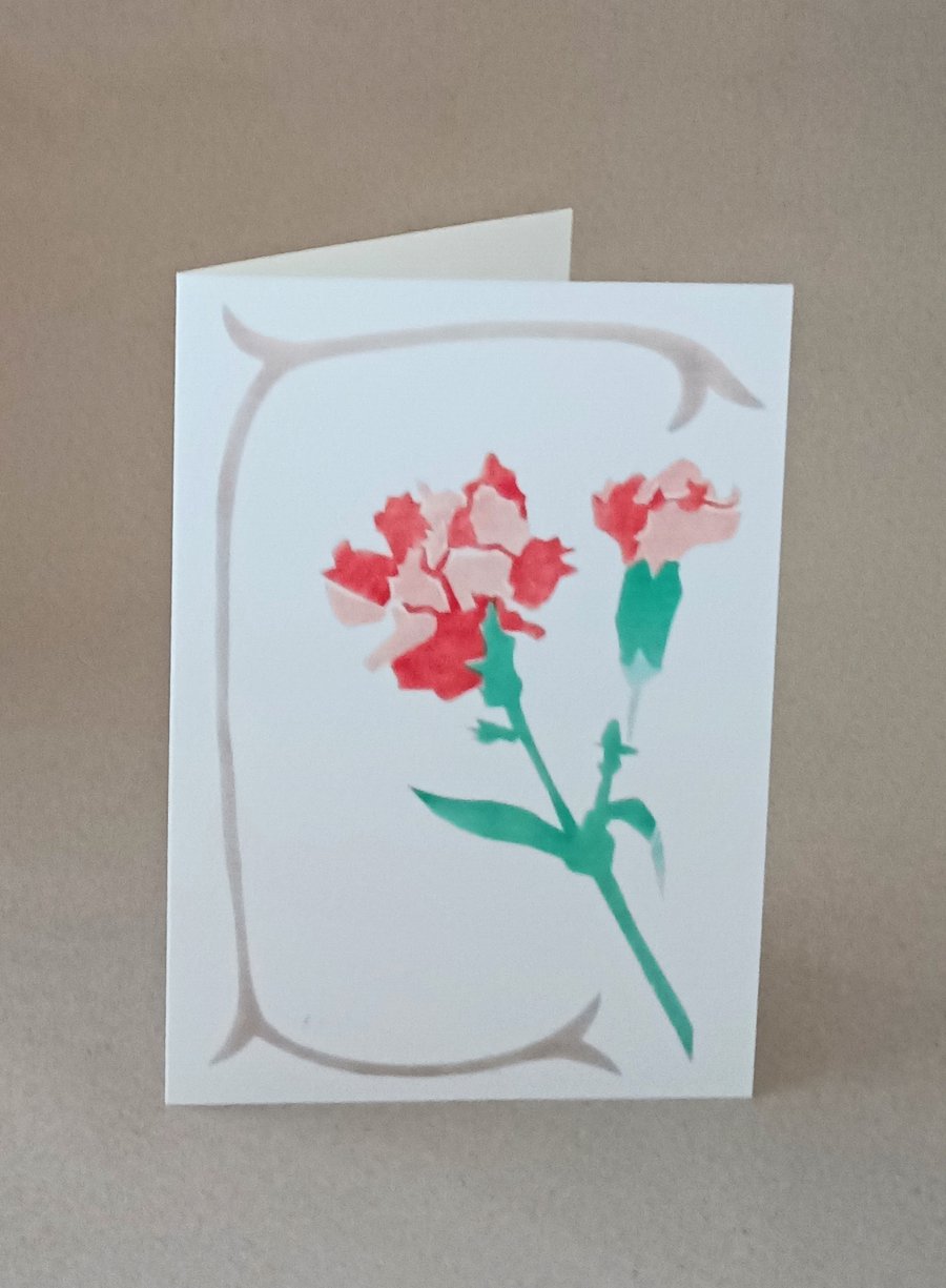 Carnation flower card, handmade and blank inside for your own message