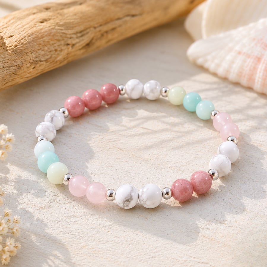 Image of Rhodonite, Howlite, Rose Quartz & Amazonite Bracelet - Handmade Gift