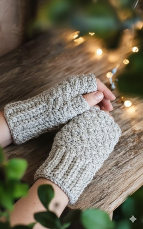 Handmade Crochet Fingerless Gloves Wrist Warmers Beige Oatmeal Boho Winter Gift