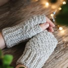 Handmade Crochet Fingerless Gloves Wrist Warmers Beige Oatmeal Boho Winter Gift