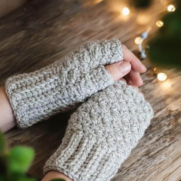 Handmade Crochet Fingerless Gloves Wrist Warmers Beige Oatmeal Boho Winter Gift