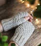 Handmade Crochet Fingerless Gloves Wrist Warmers Beige Oatmeal Boho Winter Gift