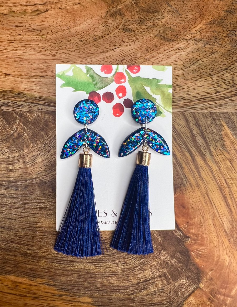 Midnight Blue Sparkly Earrings with Tassels 