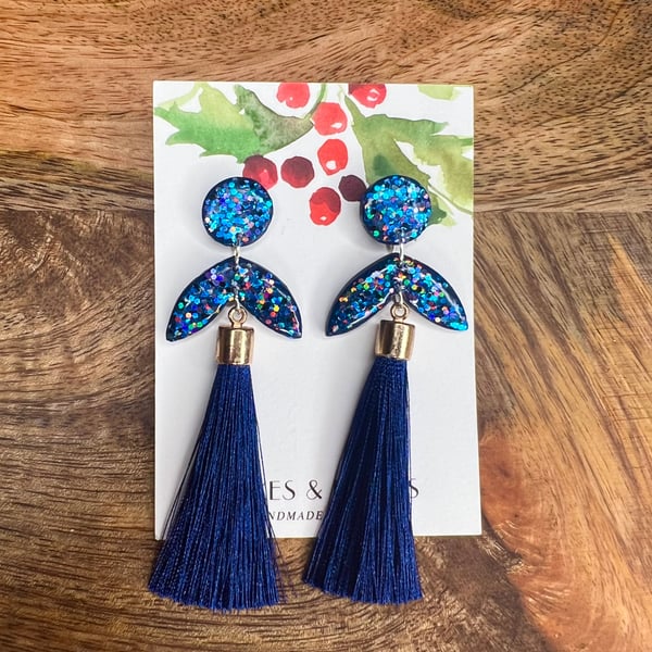 Midnight Blue Sparkly Earrings with Tassels 