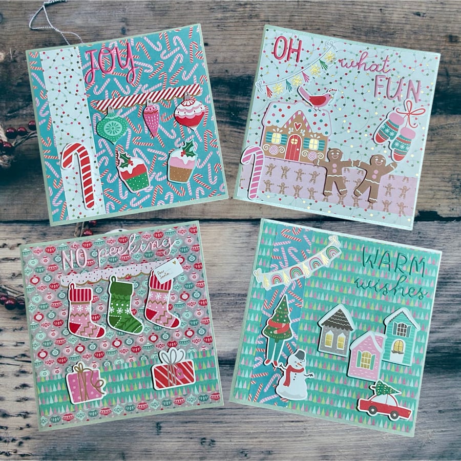 Set of four colourful Christmas cards.