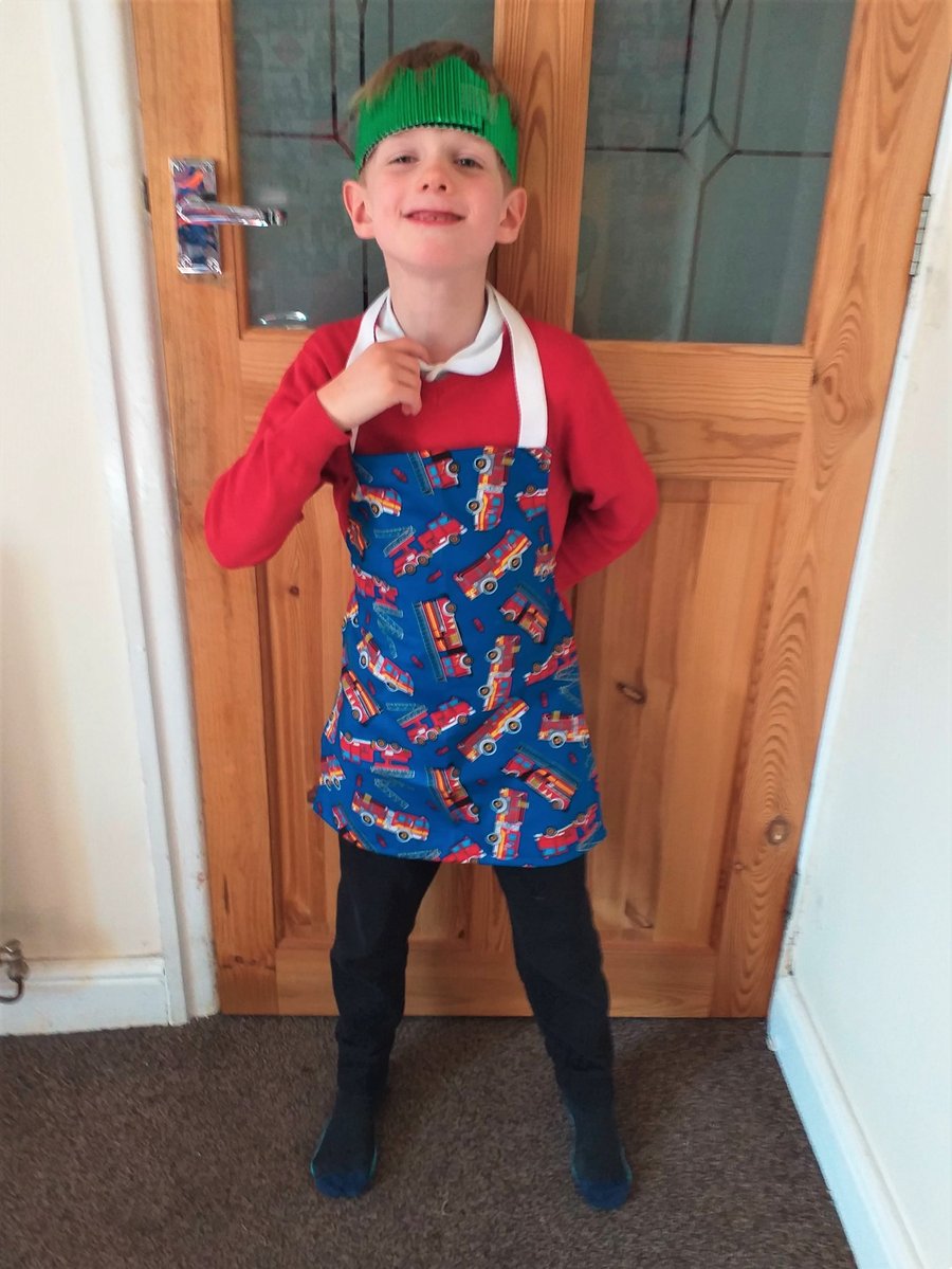 Fire engine apron, age 6-10 years approximately, hand made