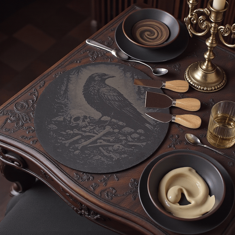 Gothic Raven Slate Cheeseboard – Dark Art Serving Board with Raven & Skull Desig