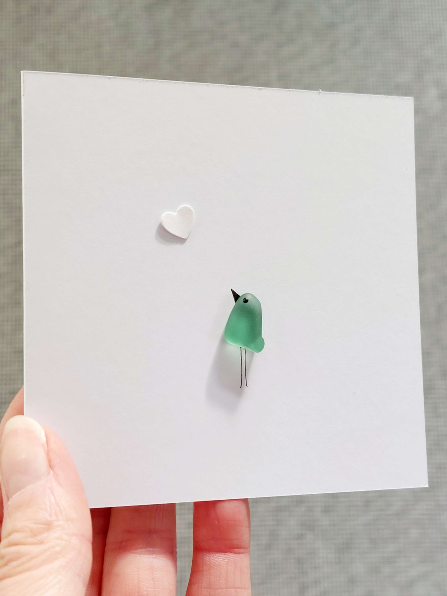 Mini Greetings Cards with Sea Glass Bird and Heart - Thank You, Thinking of You