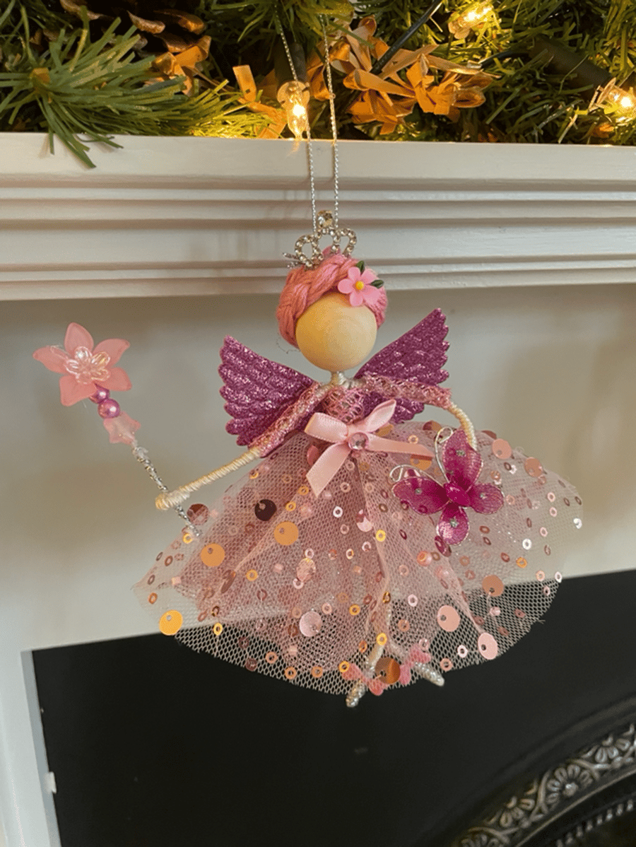 Beautiful Xmas pink hanging fairy, xmas tree fairy topper, granddaughter gift