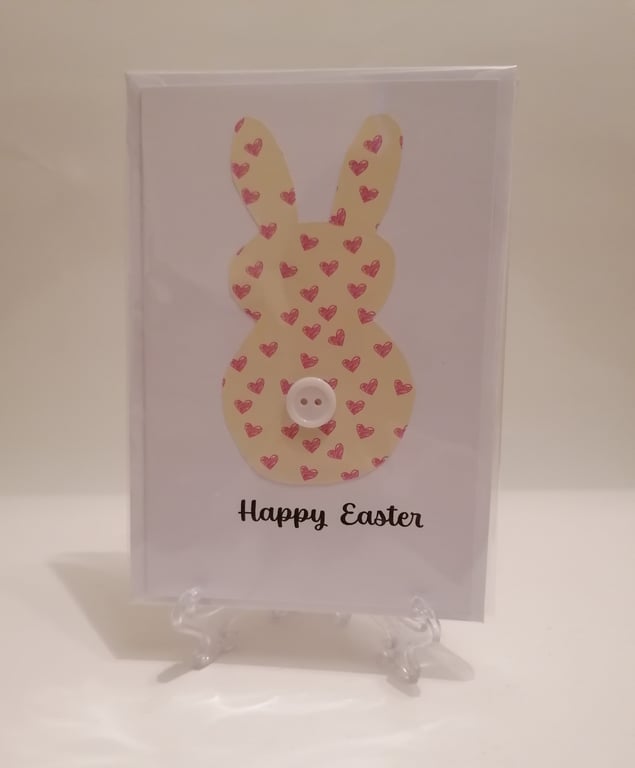 Happy Easter pink hearts rabbit with button greetings card 