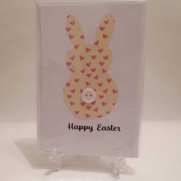 Happy Easter pink hearts rabbit with button greetings card 