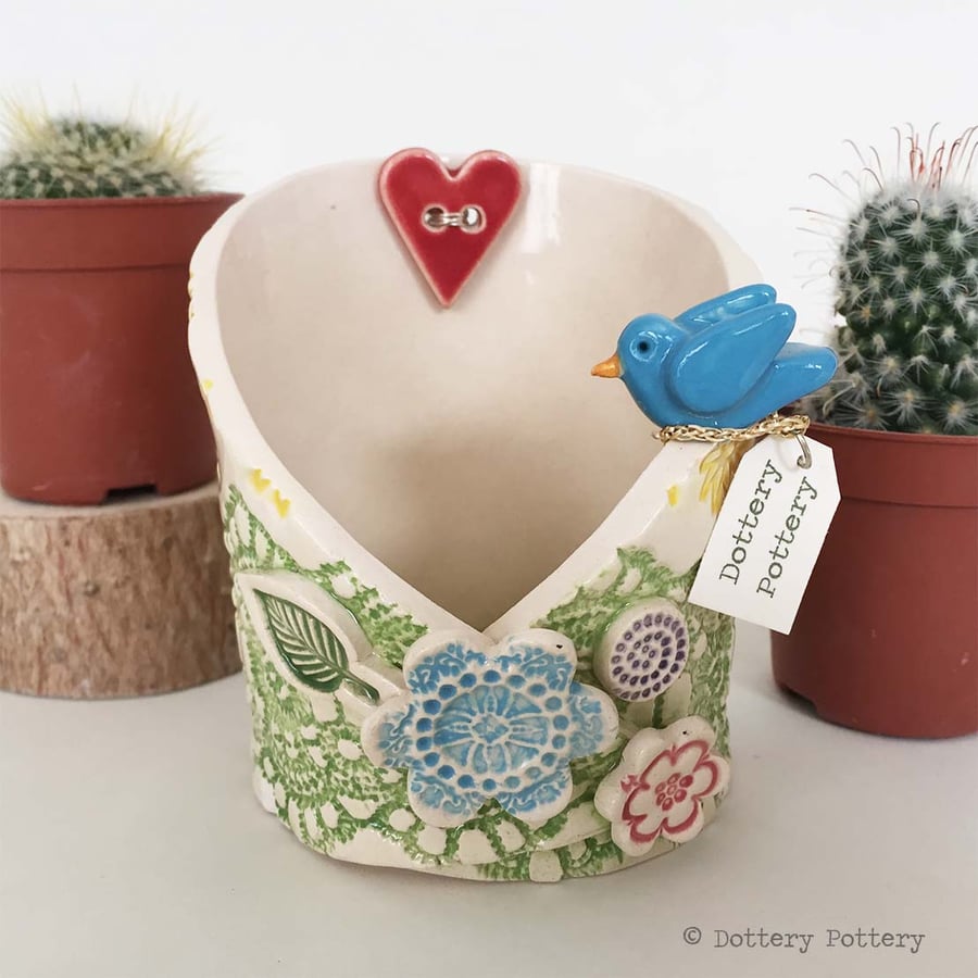 pottery bird woodland scene candle holder ceramic dish trinket pot pottery dish 