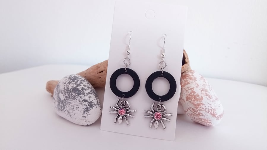 Silver Spider with Pink Glass Gem and Black Wood Hoop Earrings