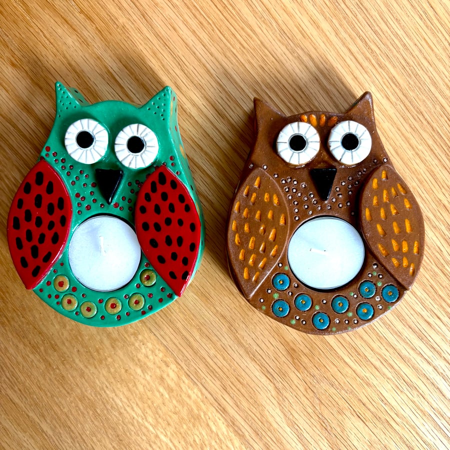 CUTE CERAMIC STONEWARE OWL TEALIGHT HOLDERS