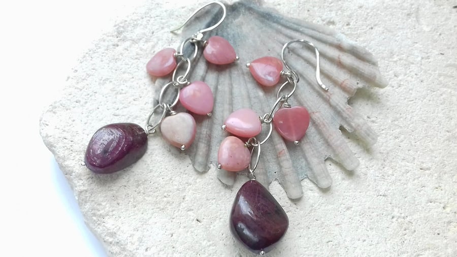 Ruby and Pink Opal Heart Waterfall Earrings 