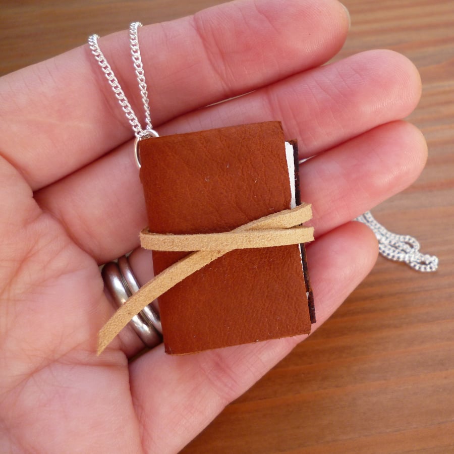 Book necklace, Miniature book jewellery, brown leather book