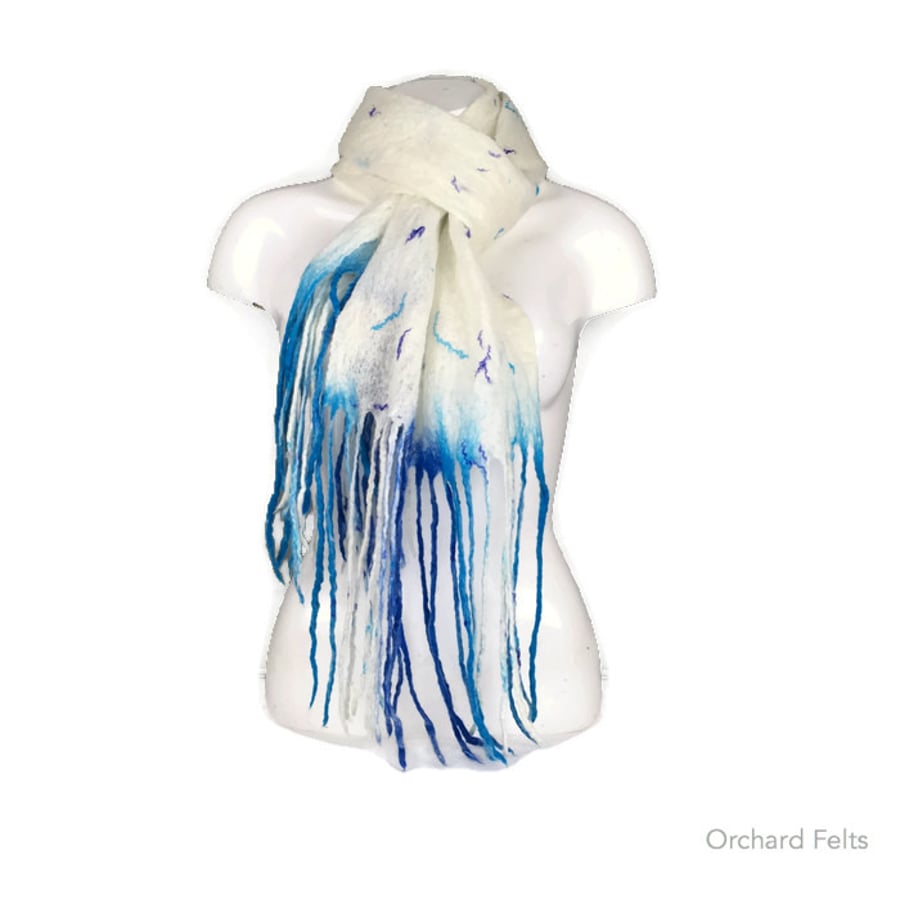 Seconds Sunday - Felted scarf, white merino wool scarf with blue tassels