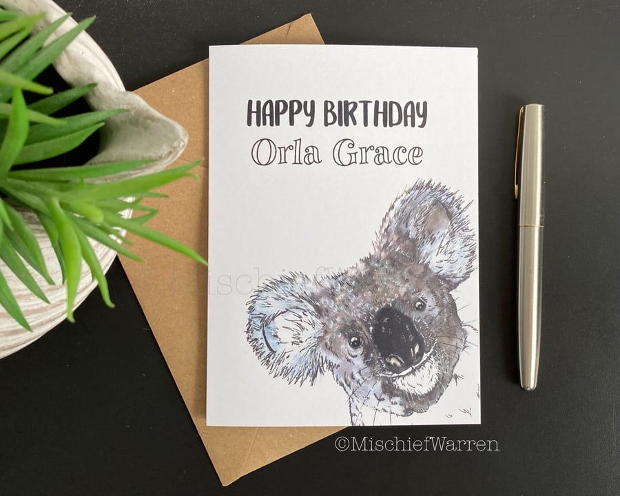 Koala Card. Blank or personalised koala card for birthday or any occasion.