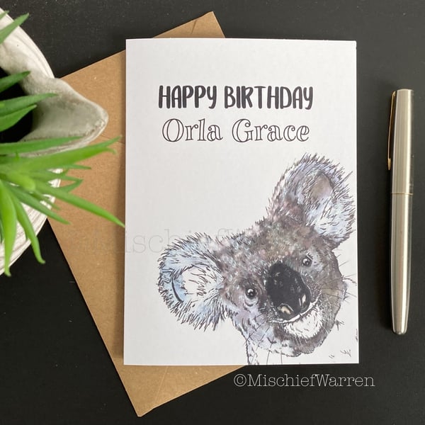 Koala art Card. Blank or personalised for any occasion.