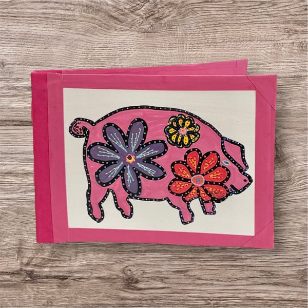 Handmade A6 Notebook with hand painted cover design- Flower Power Pig