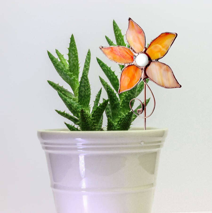 Plant Pot Ornament - Stained Glass Flowers with copper wire detail -House Garden