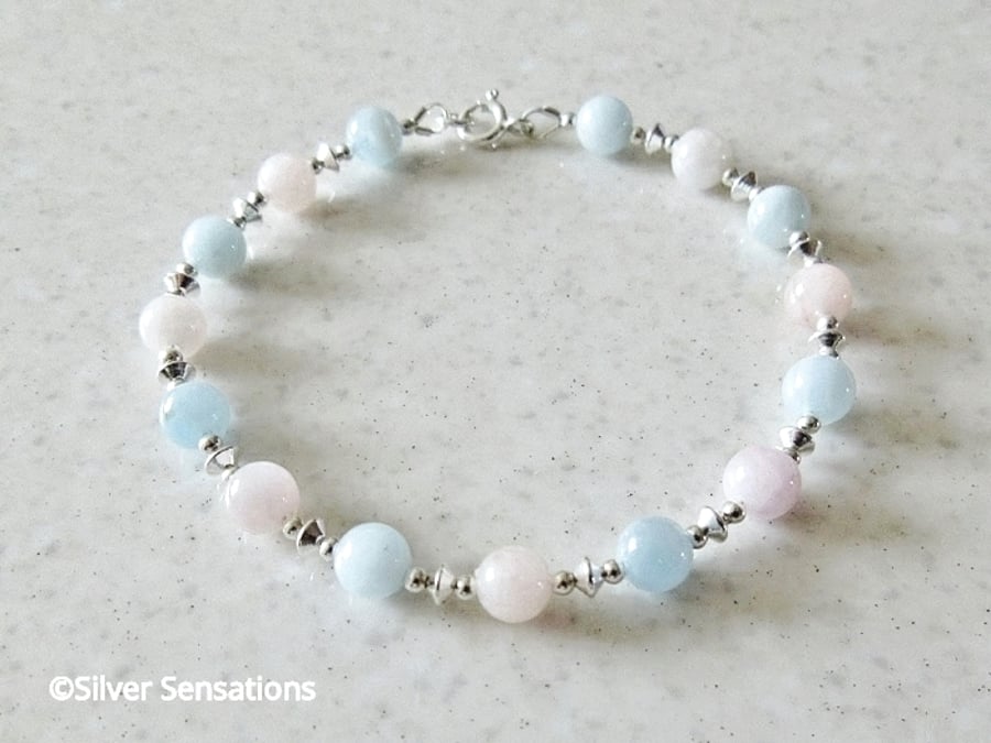 Natural Pink & Blue Morganite Gemstones Bracelet With Sterling Silver