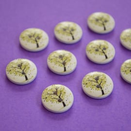 15mm Wooden Heart Tree Buttons Green White 10pk Leaves (ST1)