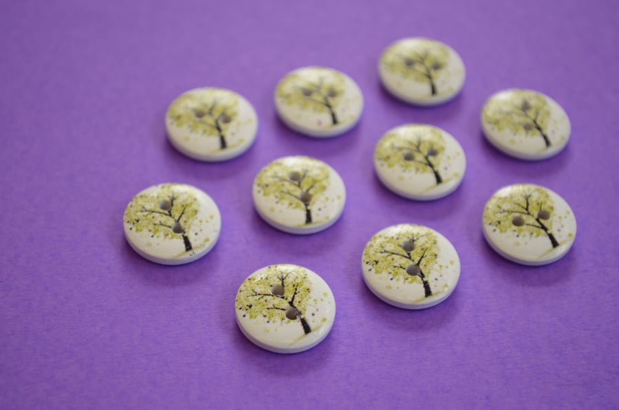 15mm Wooden Heart Tree Buttons Green White 10pk Leaves (ST1)