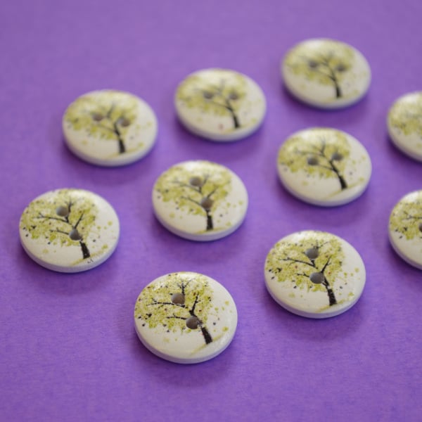 15mm Wooden Heart Tree Buttons Green White 10pk Leaves (ST1)