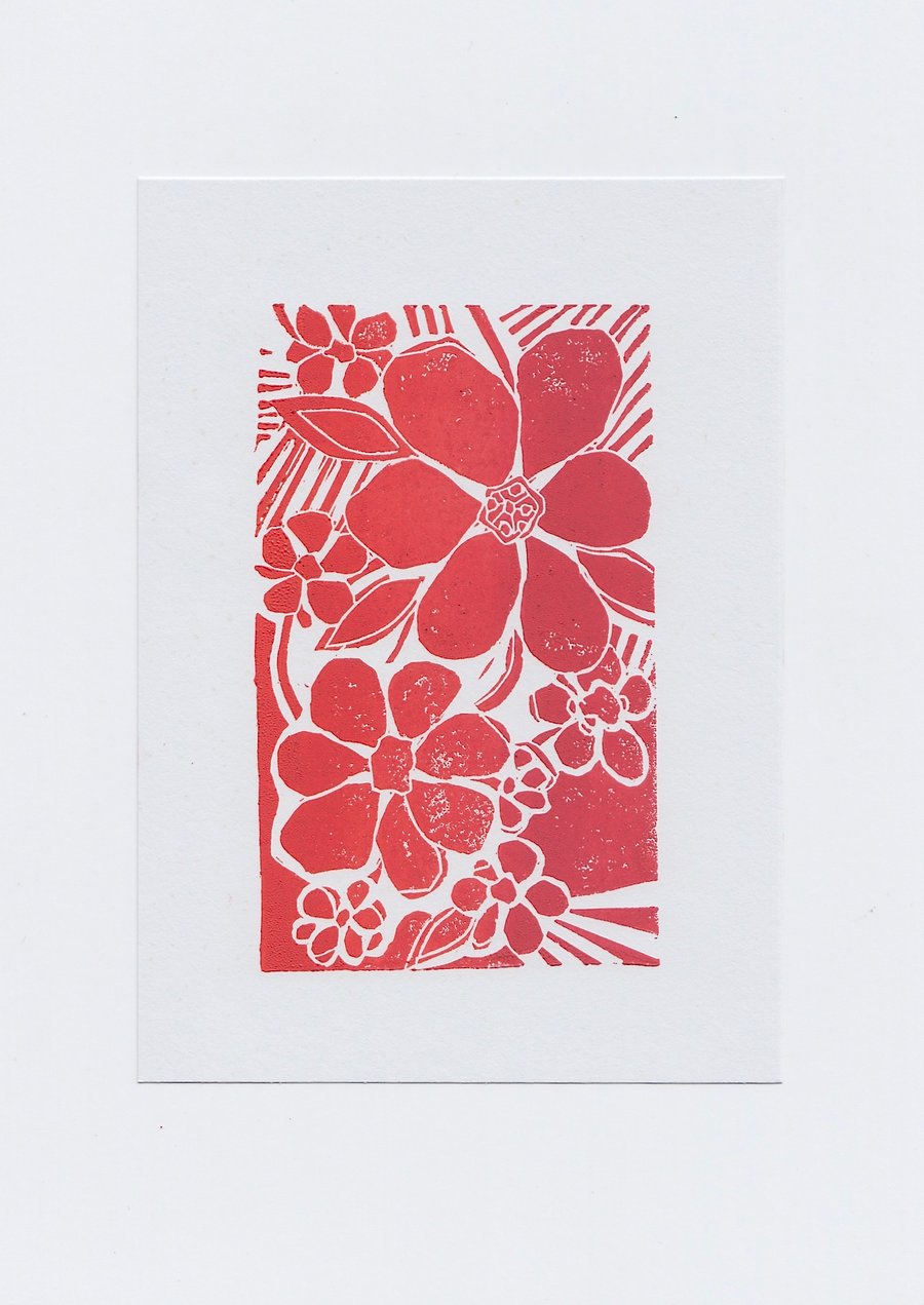 Orange & Pink Flowers - Gradient Linocut Print 5x7