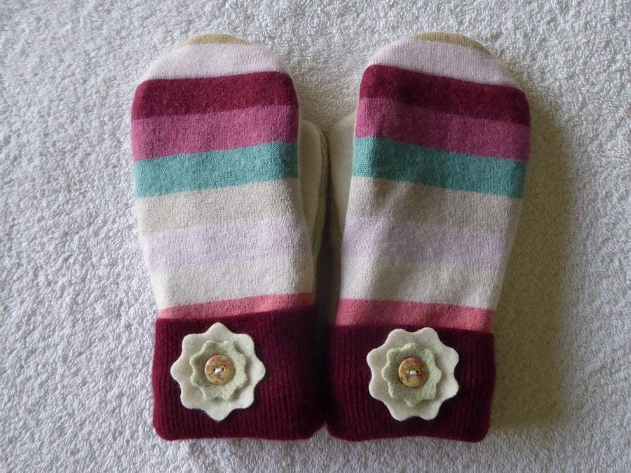 Mittens Created from Up-cycled Wool Jumpers. Fully Lined. Stripe Burgundy Cuff