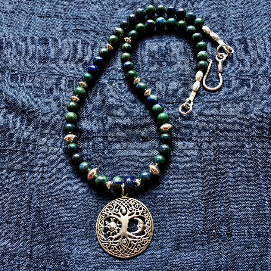 Tree of life - sun moon silver pendant necklace - green blue chrysocolla beads