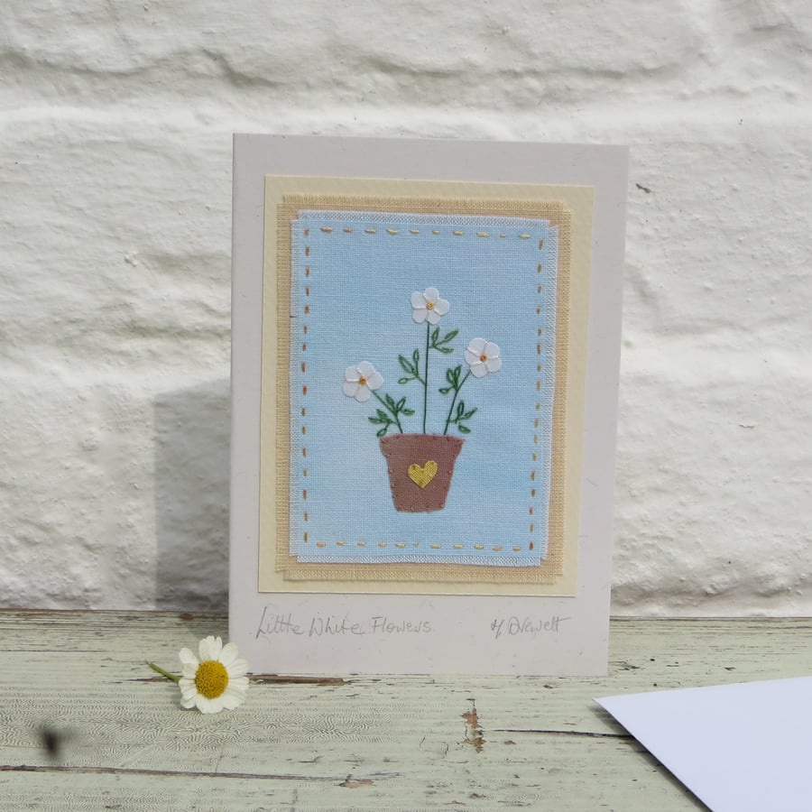 Miniature applique, Little White Flowers hand-stitched card, pretty and delicate