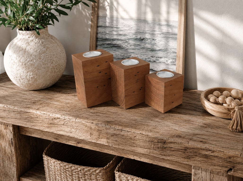 Set of 3 Wooden Tealight Holders Upcycled Pallet Block Candle Gift Set