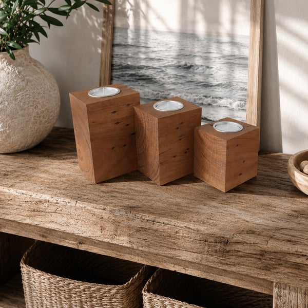Set of 3 Wooden Tealight Holders Upcycled Pallet Block Candle Gift Set