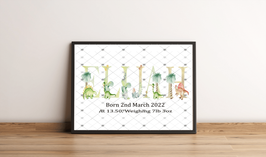 Dinosaur Initial Name Print, Letter Art Custom Print, Birth Date Picture
