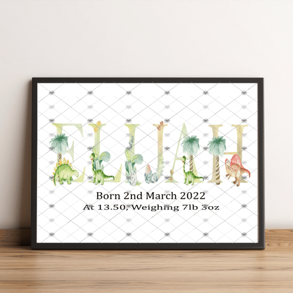 Dinosaur Initial Name Print, Letter Art Custom Print, Birth Date Picture