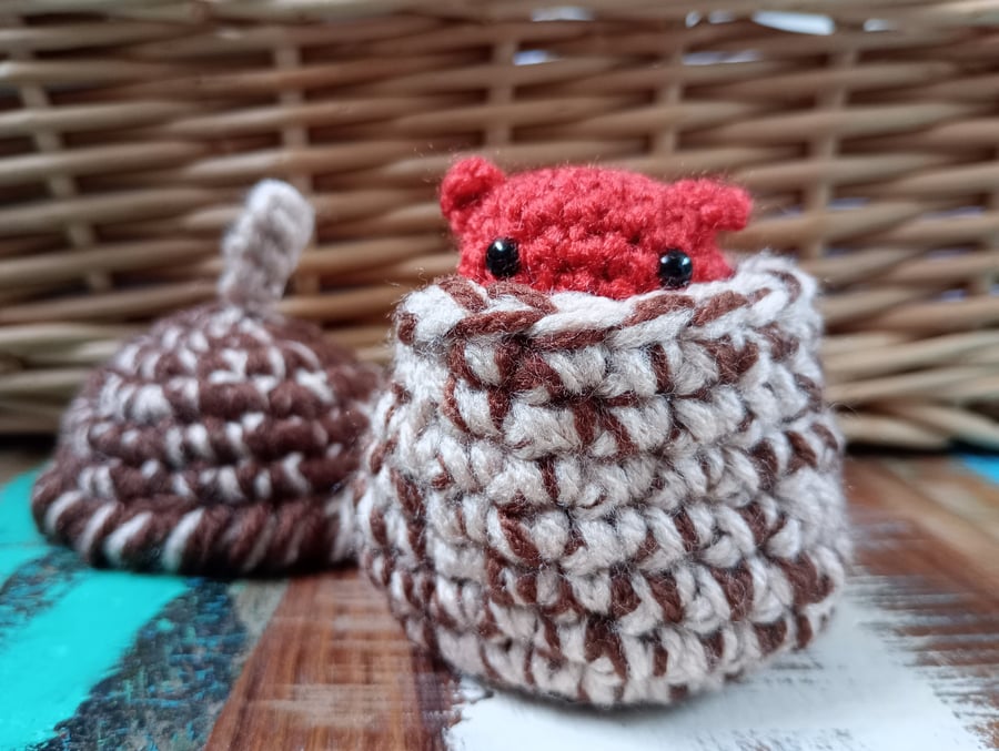 Red Squirrel inside a crochet acorn basket