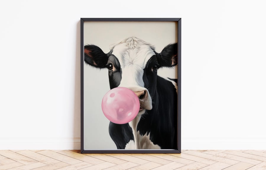Cow Blowing Bubblegum Print Poster Wall Art Maxi Home Decor Unframed Art Work