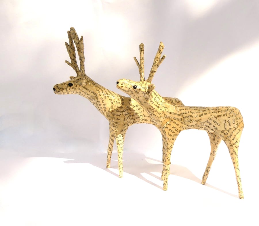 Paper Reindeer Book Sculptures - Set of 2 Handmade Cottagecore Whimsy Art Gifts