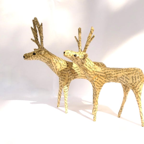 Paper Reindeer Book Sculptures - Set of 2 Handmade Cottagecore Whimsy Art Gifts