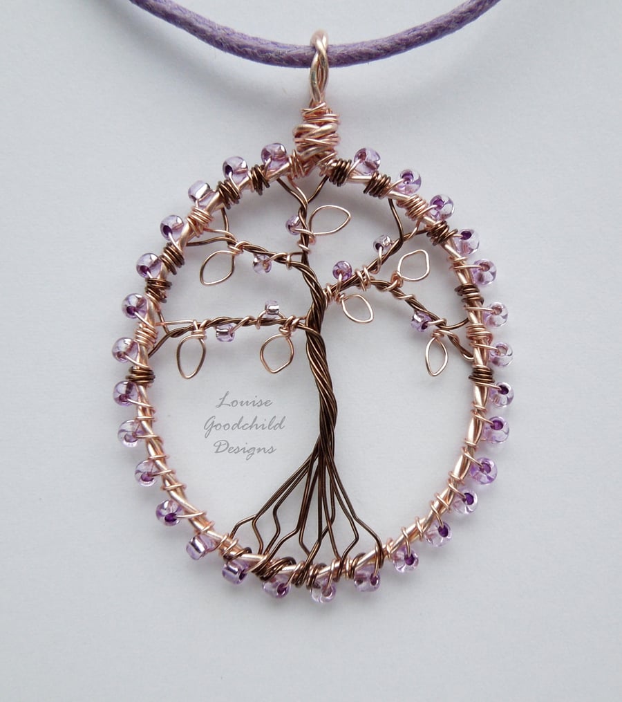 Rose Gold and lilac tree of life pendant necklace, unique wearable wire art