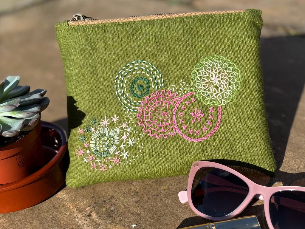 Hand embroidered zip top purse or pouch