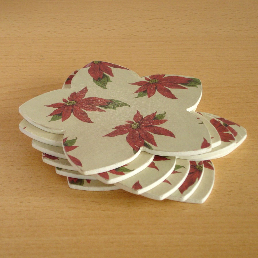 Christmas Coasters, Set of 6, Poinsettia Design Flower Shape wooden coasters