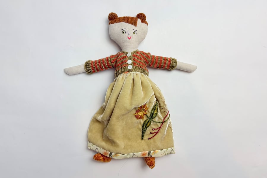 Emmy: Rag doll with hand embroidered velvet dress and knitted accessories