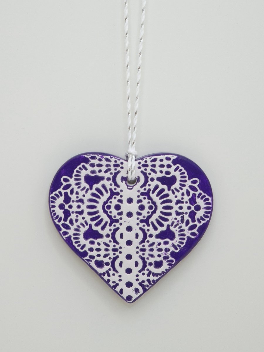 Clay heart hanging decoration, pretty love heart anniversary gift for her