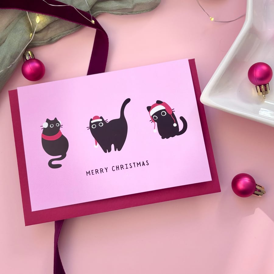 Pink Christmas Cat Card - Folksy